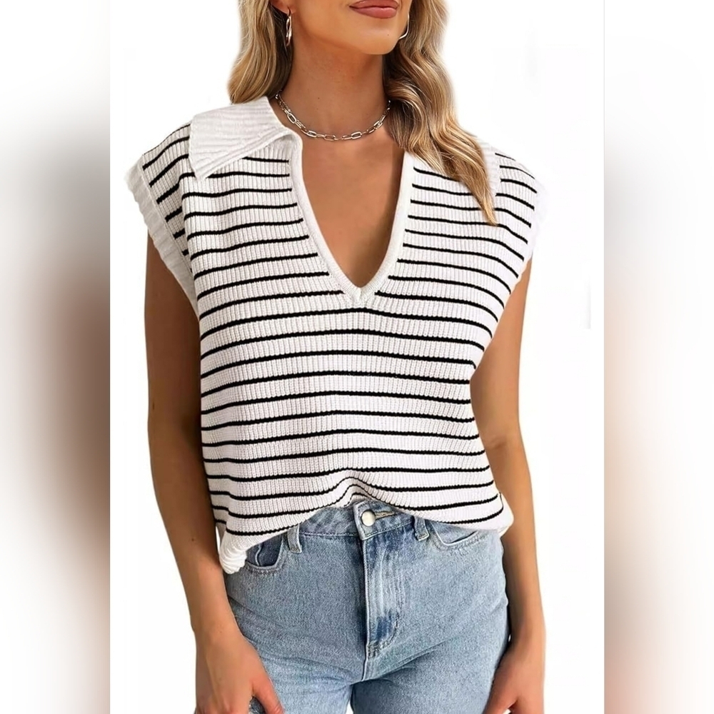 Women's V-Neck Cap Sleeve Oversized Collared Sleeveless Striped Sweater Vest